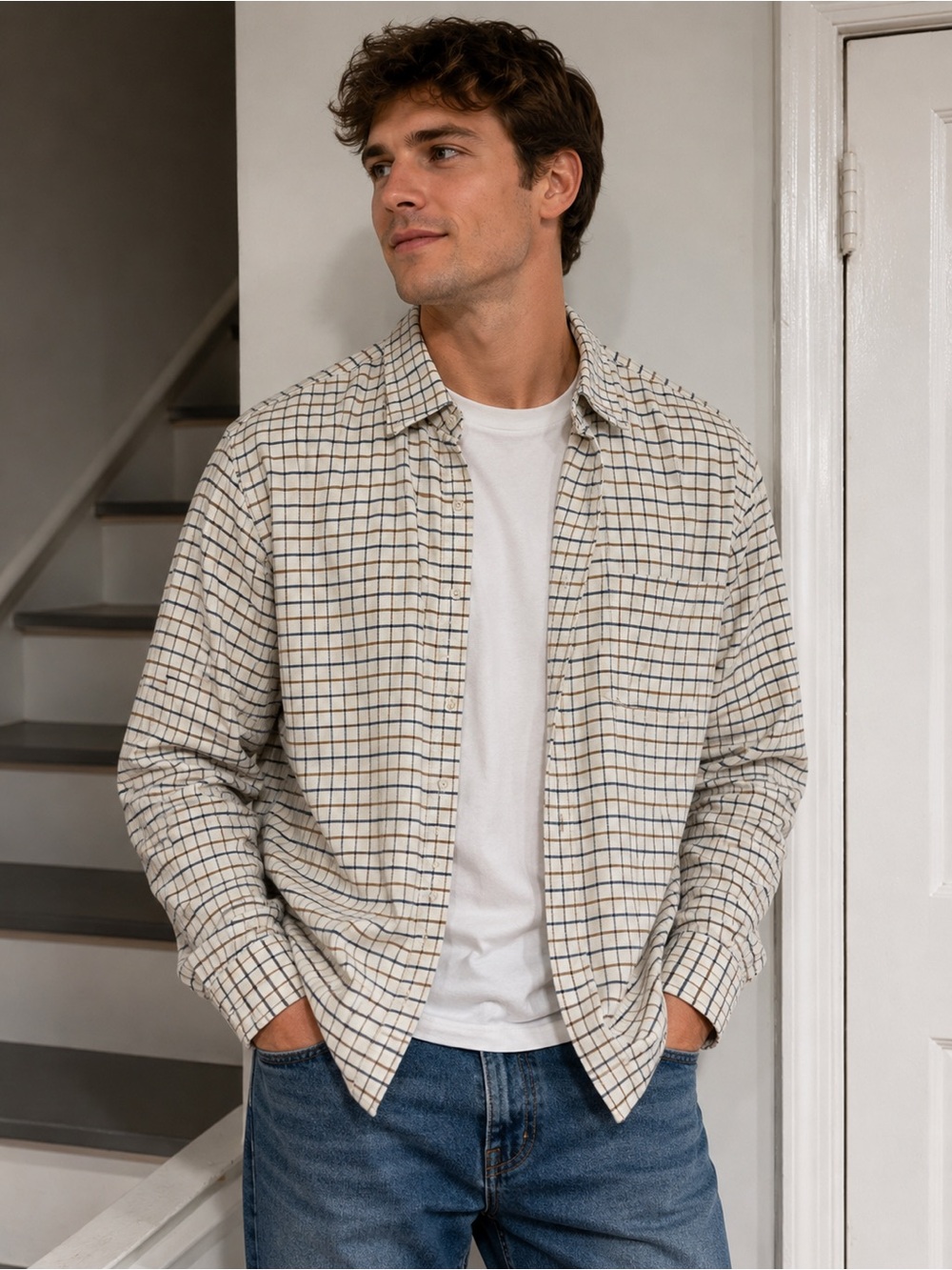J. Crew Cream and Navy Plaid Button Down Men’s XL